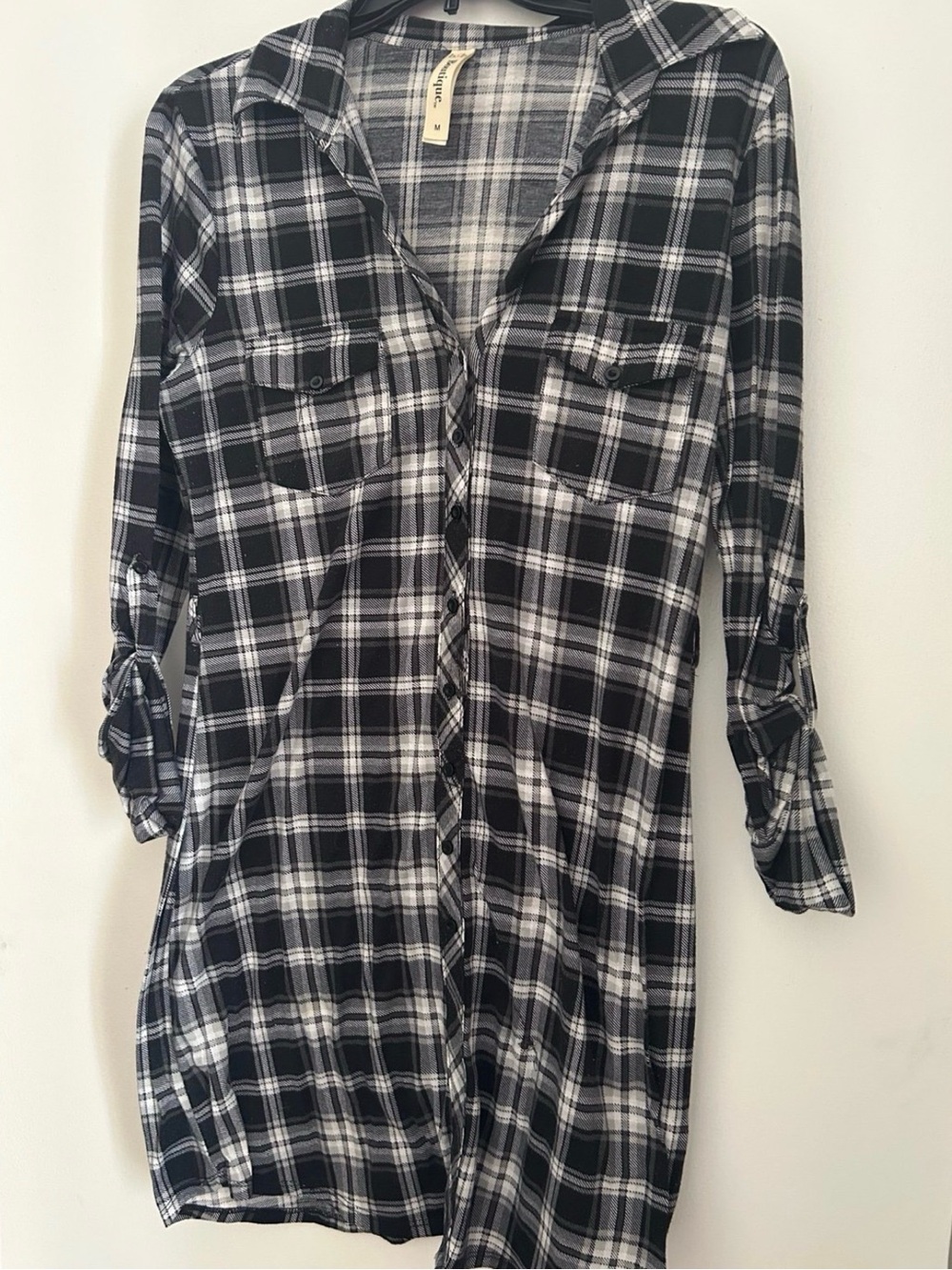 Black & White Plaid Shirt Dress - Women